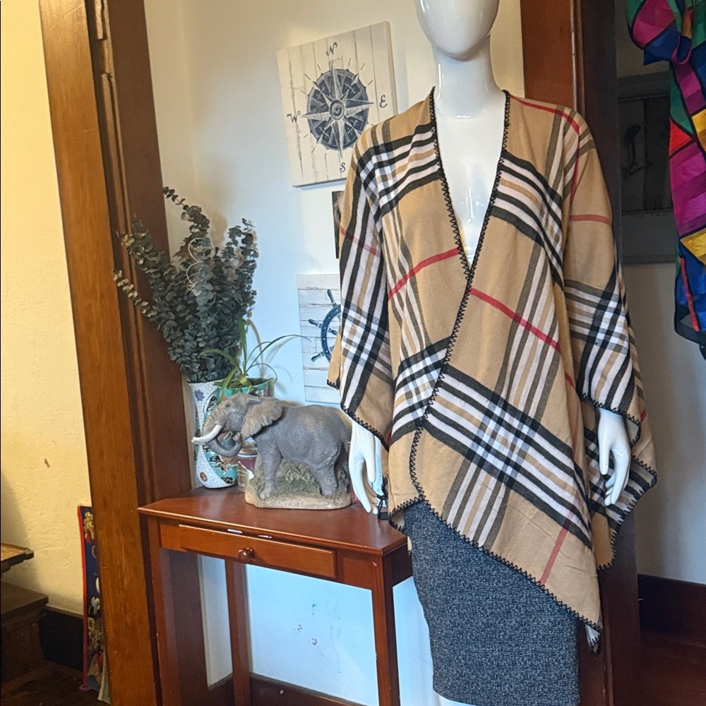 Plaid Open Front Poncho. Long and think